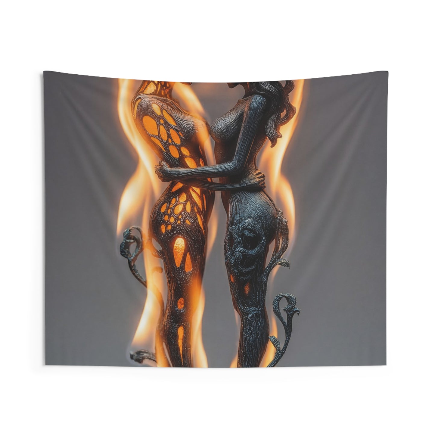 Flame-Embraced Lovers Indoor Wall Tapestries – Intertwined Spirits Amidst Dancing Fire