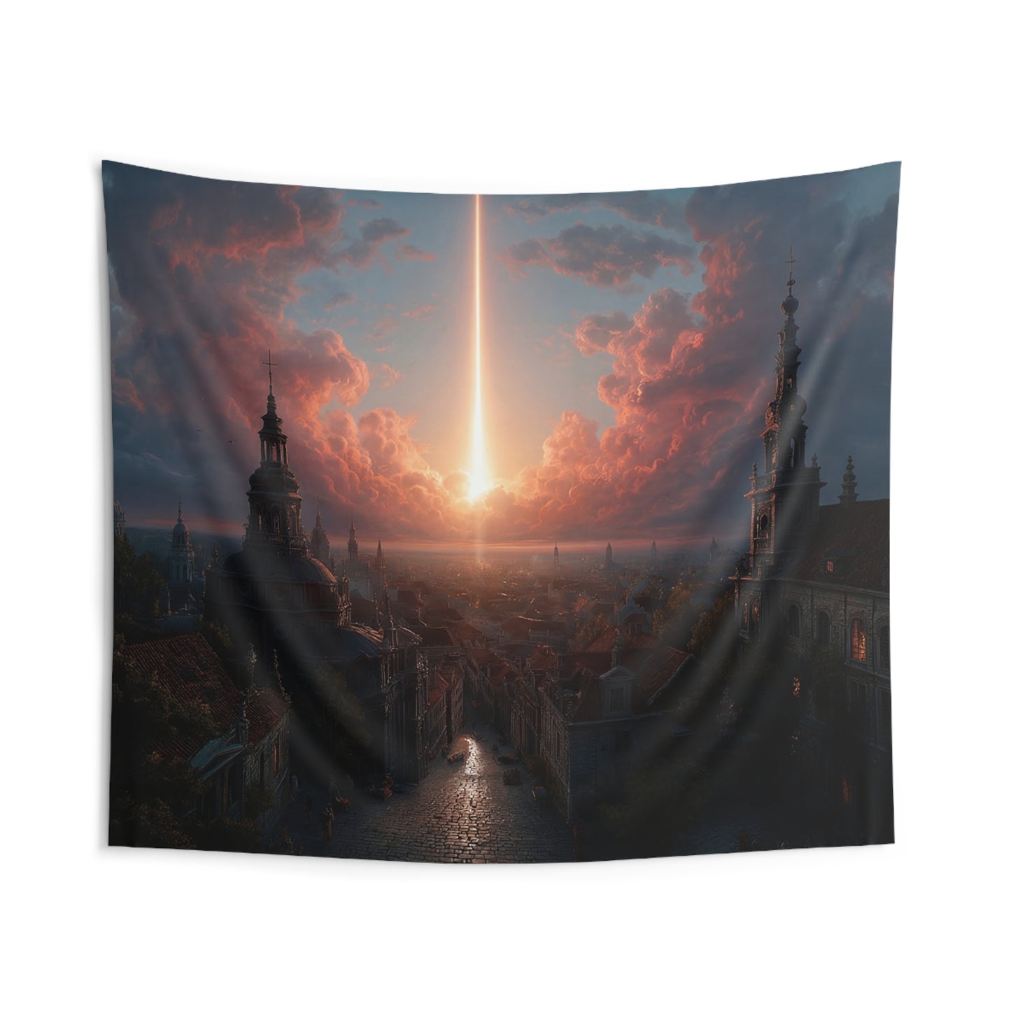 Celestial Beam Over Ancient City Tapestries – Twilight’s Divine Light