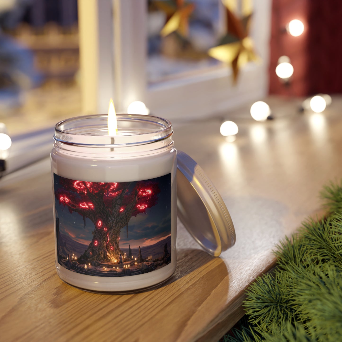 Crimson Oracle Tree Scented Soy Candles with White Lid, 9oz – Ritual Glow Under Starlit Canopy