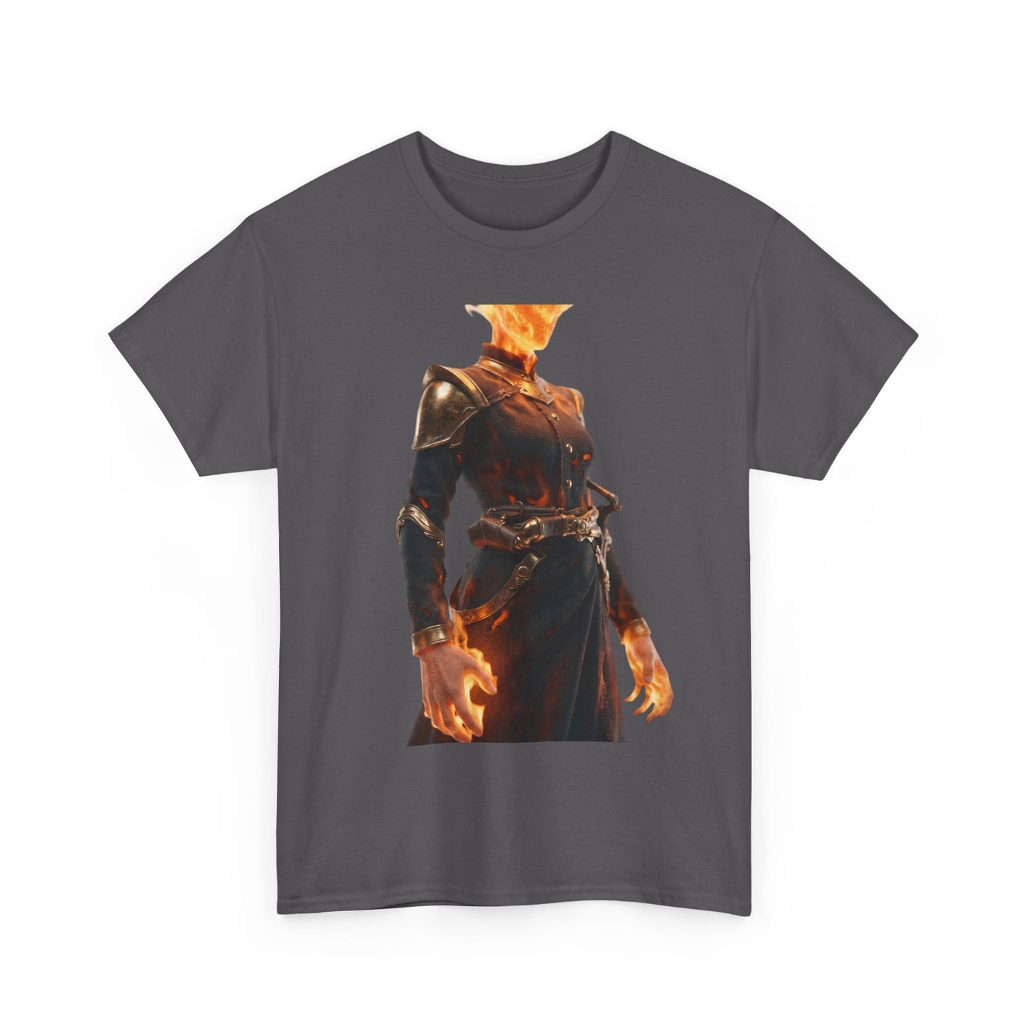 Flame-Headed Sentinel Unisex Heavy Cotton Tee – Gilded Armor & Burning Embers
