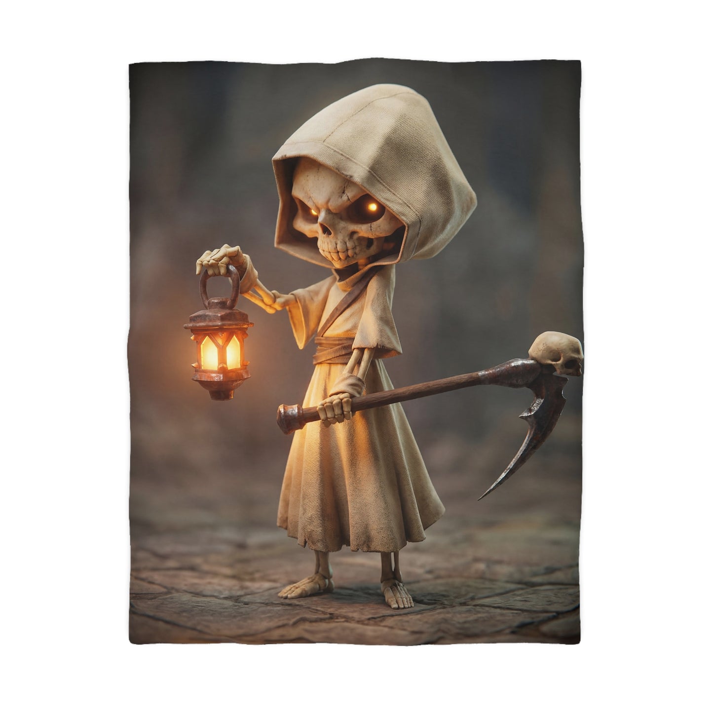 Lantern-Bearing Reaper Microfiber Duvet Cover – Warm Light Through the Veil