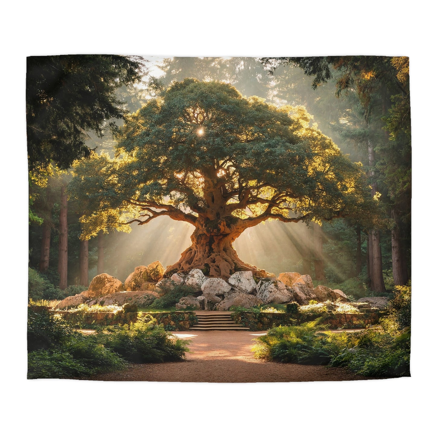 Ancient Sentinel Tree Microfiber Duvet Cover – Golden Sunbeam Sanctuary