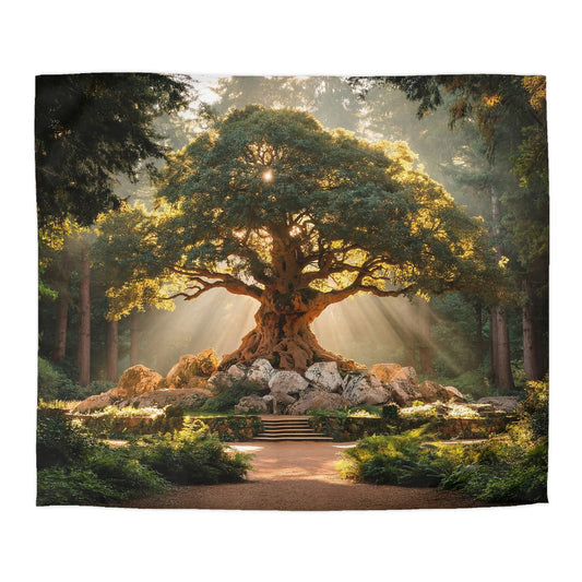 Ancient Sentinel Tree Microfiber Duvet Cover – Golden Light Through Whispering Canopy