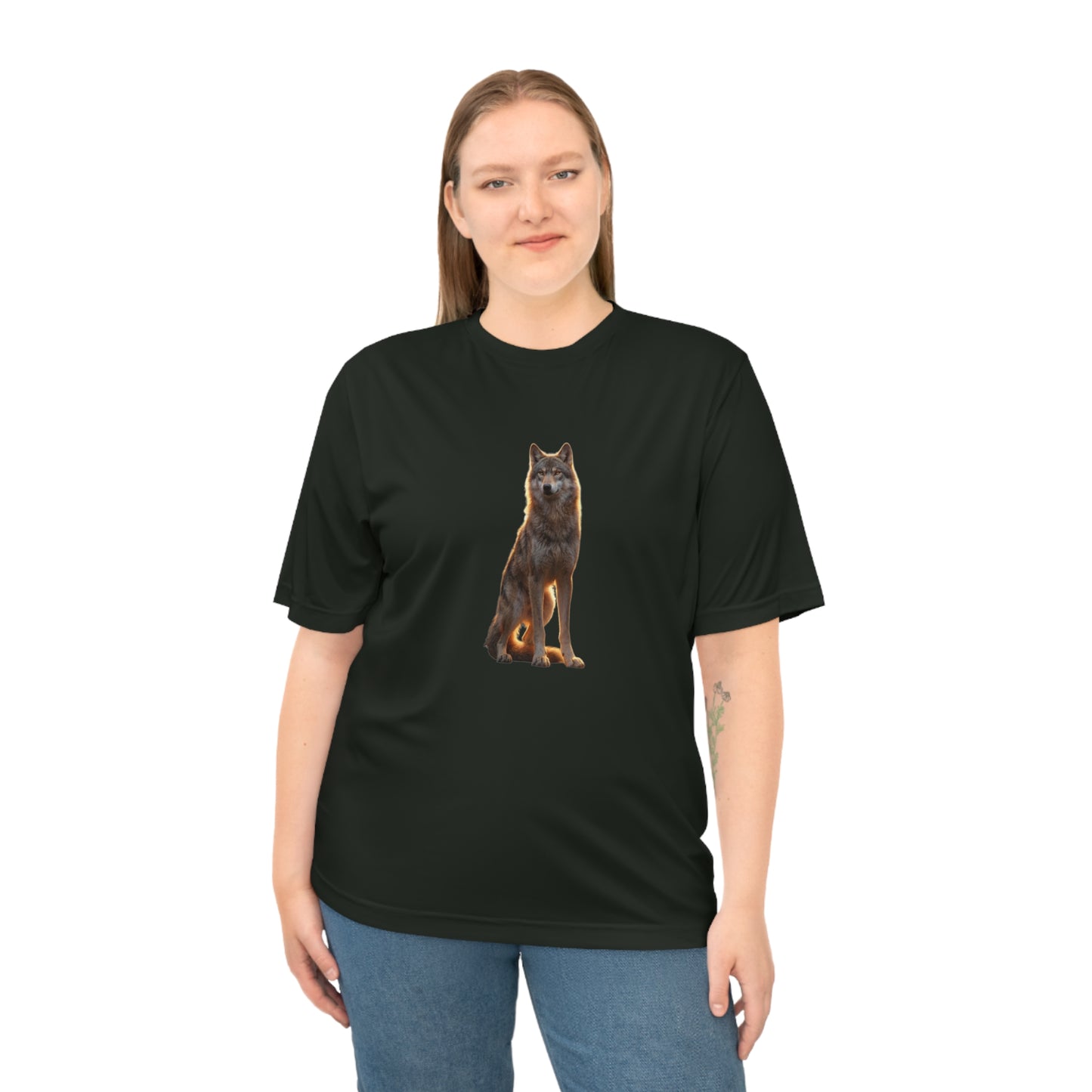 Golden Hour Wolf Unisex Zone Performance T-shirt – Sentient Silhouette at Twilight