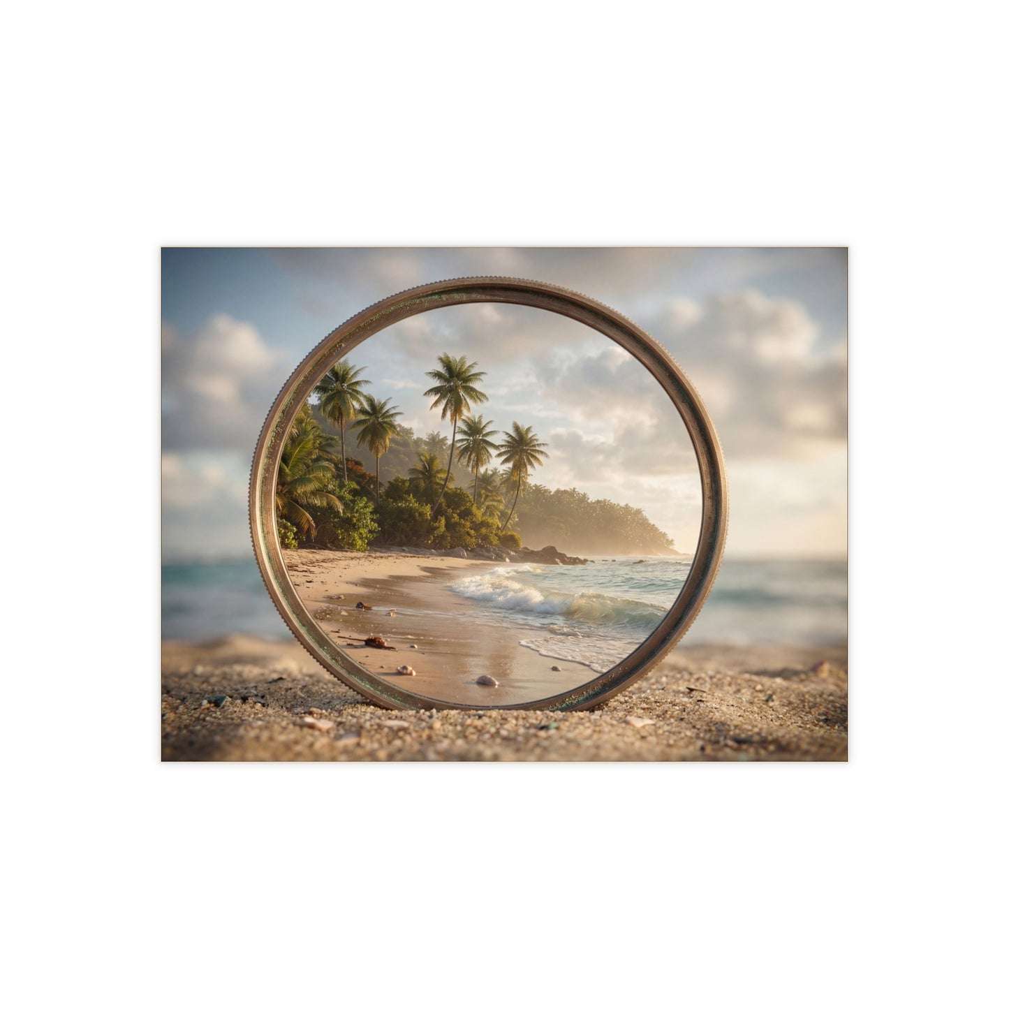 Secluded Island Through Lens Ceramic Photo Tile – Golden Hour Beach Portal