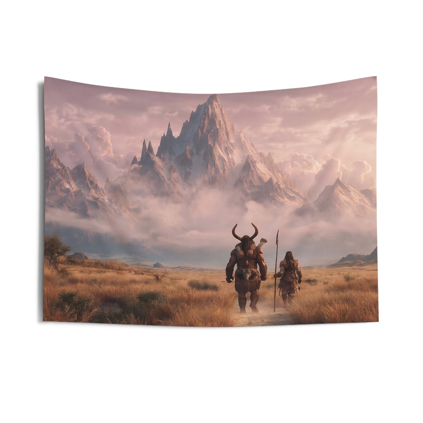 Two Travelers Before the Snow Crown Peak – Sunset Mountain Passage Wall Tapestry