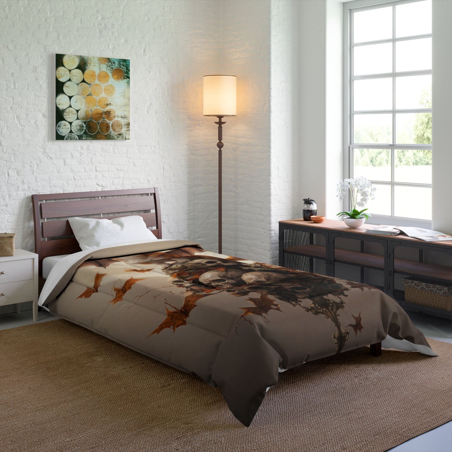 Winged Corgi on Skull Throne Comforter – Autumn Moonlit Guardian