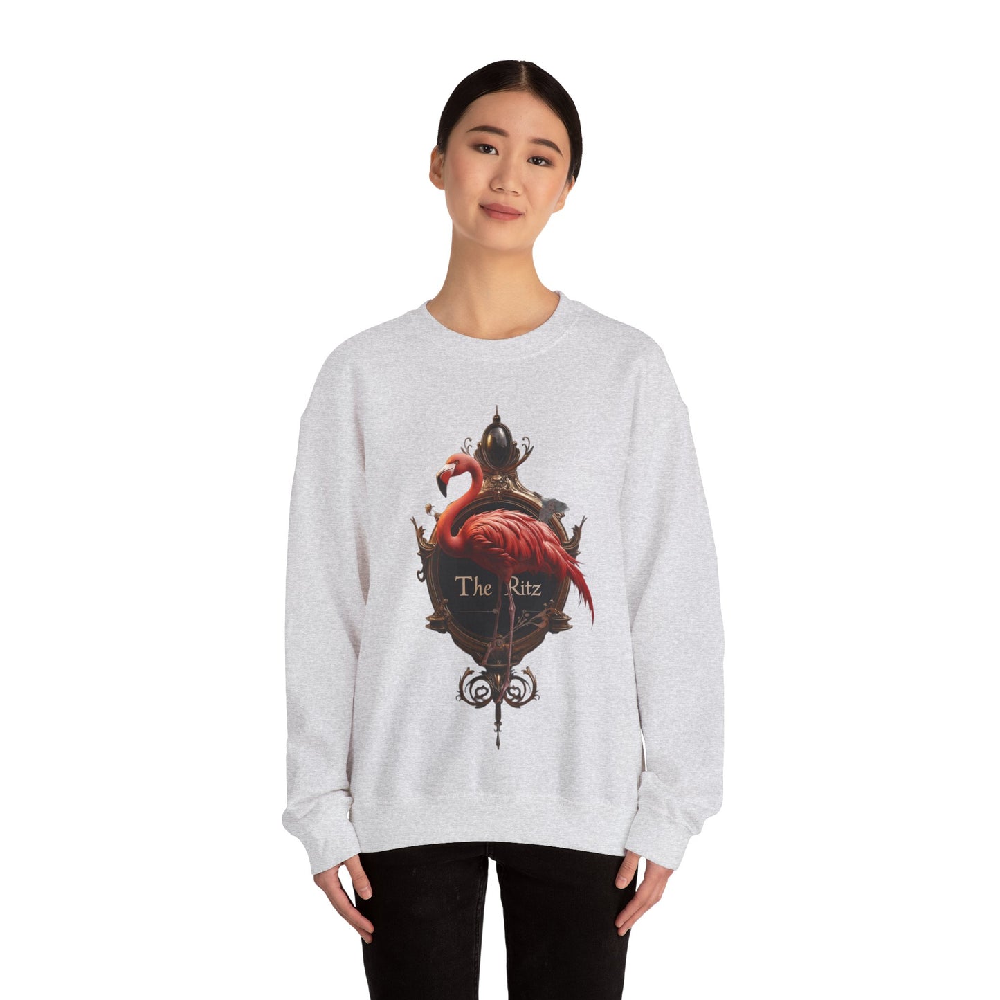 The Ritz Flamingo Unisex Heavy Blend™ Crewneck Sweatshirt – Ornate Gold Frame with Crimson Bird and Whimsical Sentinel