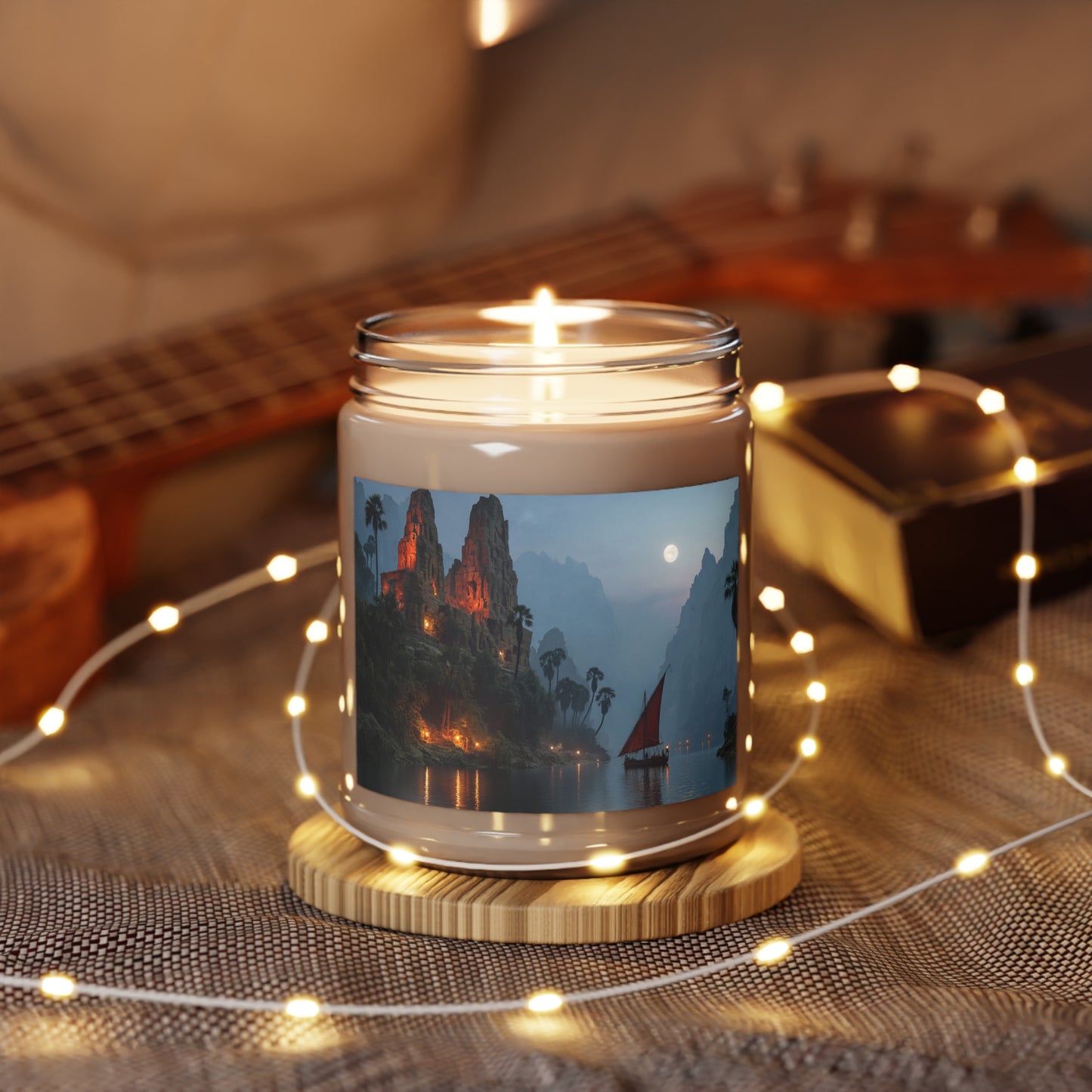 Moonlit Temple Ruins Scented Soy Candles with White Lid, 9oz – Amber Glow Across the Misty River