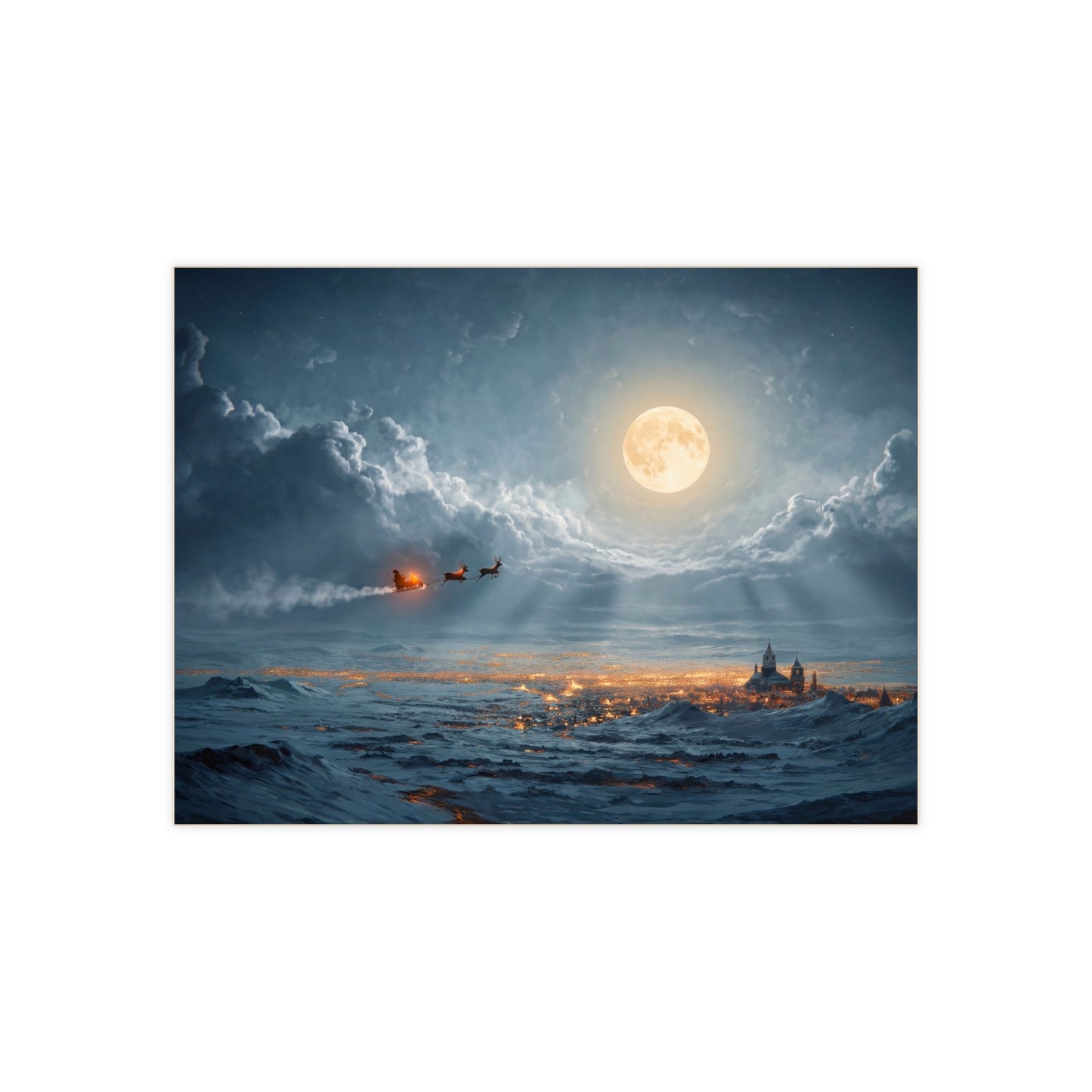 Midnight Santa Flight Ceramic Photo Tile – Glowing Moon Over Winter Town