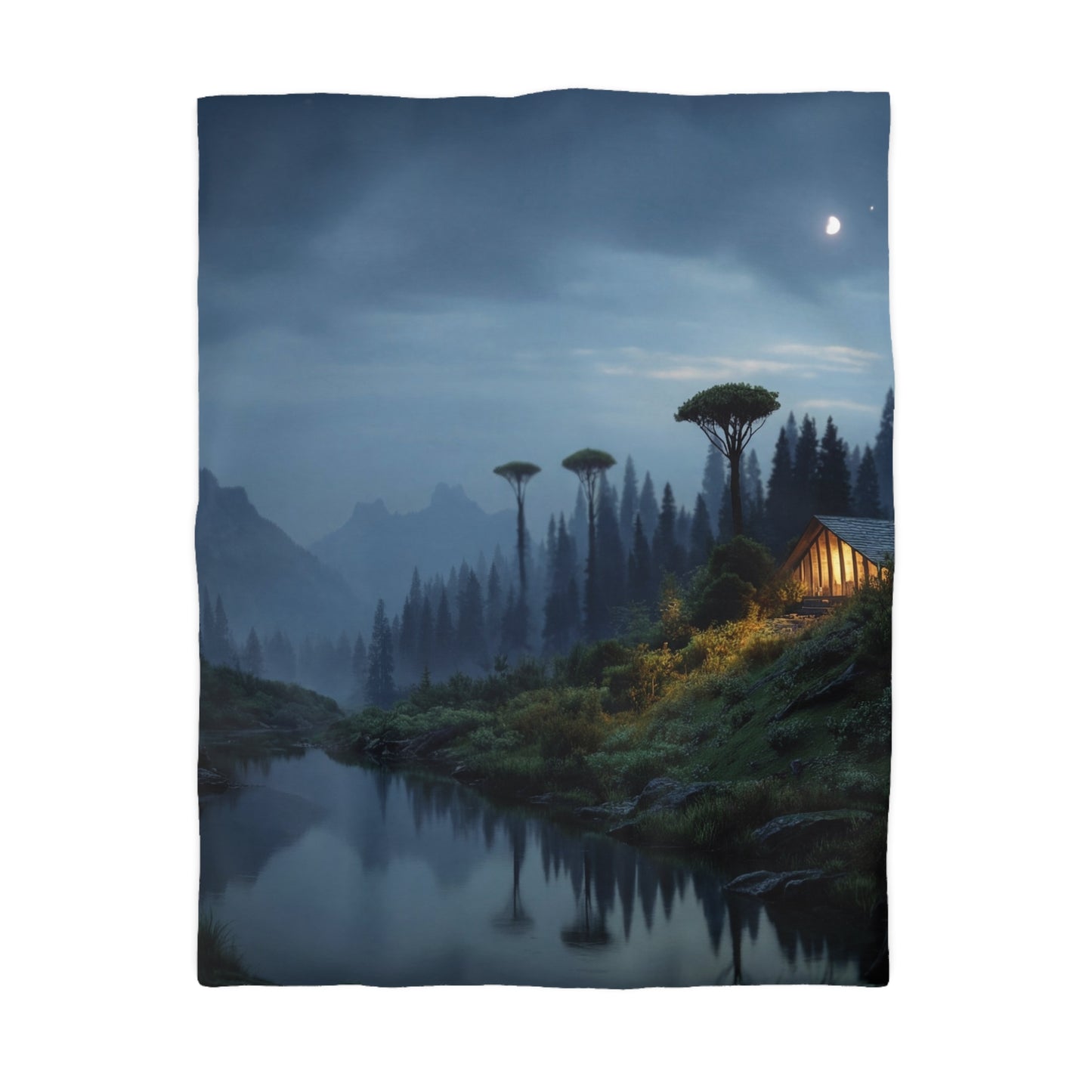 Moonlit Cabin Duvet Cover – Whispering Peaks & Silent Waters
