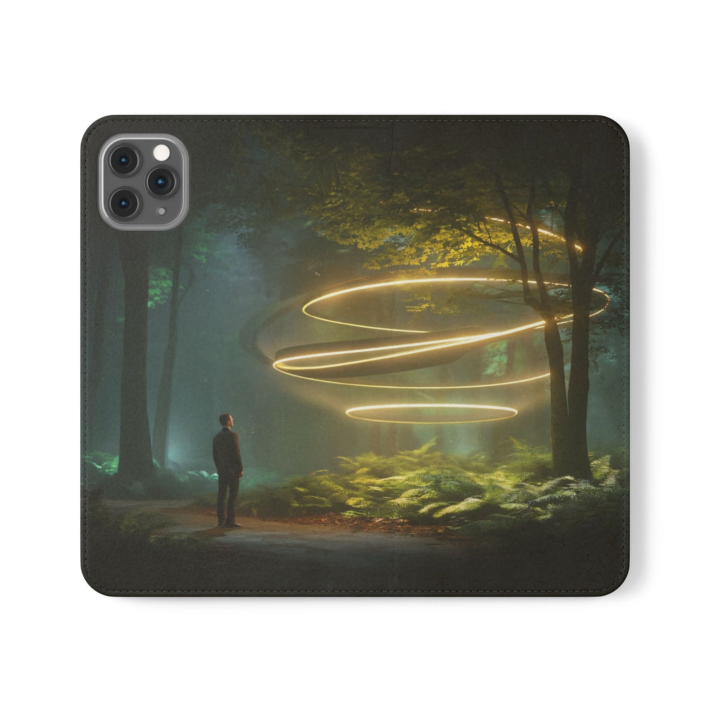 Luminous Spiral Forest Flip Cases – Golden Light Rings Mystery Scene