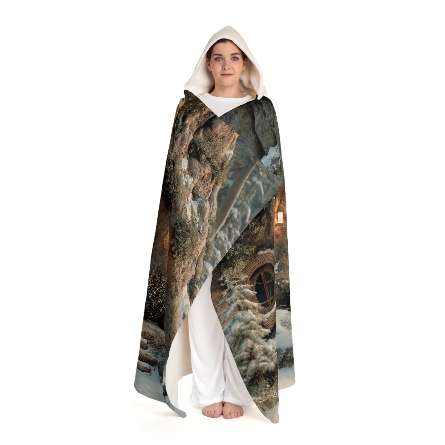 Winter Treehouse Sanctuary Hooded Sherpa Fleece Blanket – Snow-Kissed Hearth Glow