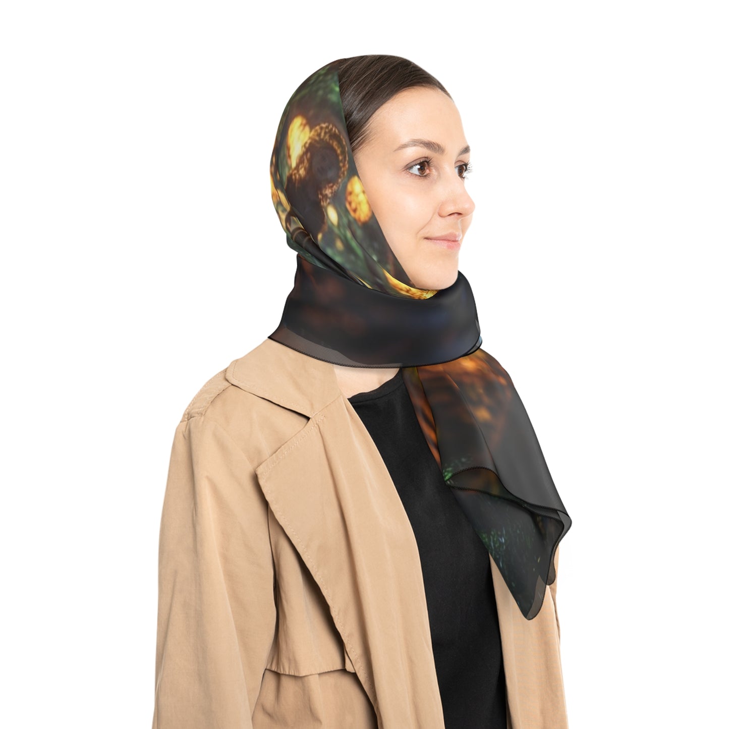 Luminous Forest Path Poly Scarf – Warm Lanterns Through Whispering Trees
