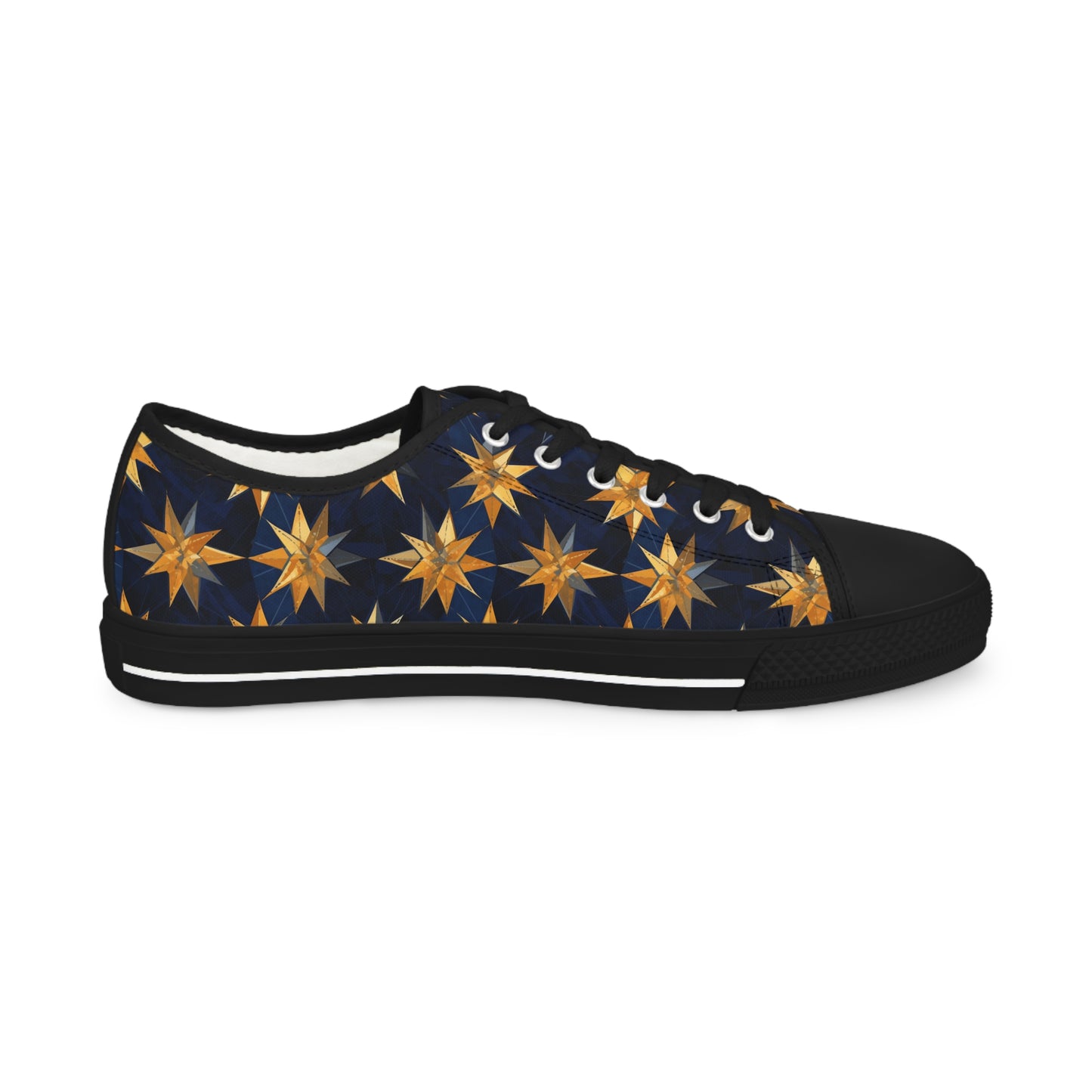 "A kaleidoscopic pattern of geometric star formations radiating from a central point, using a palette of deep sapphire, smoky quartz, and dark citrine hues." - Men's Low Top Sneakers