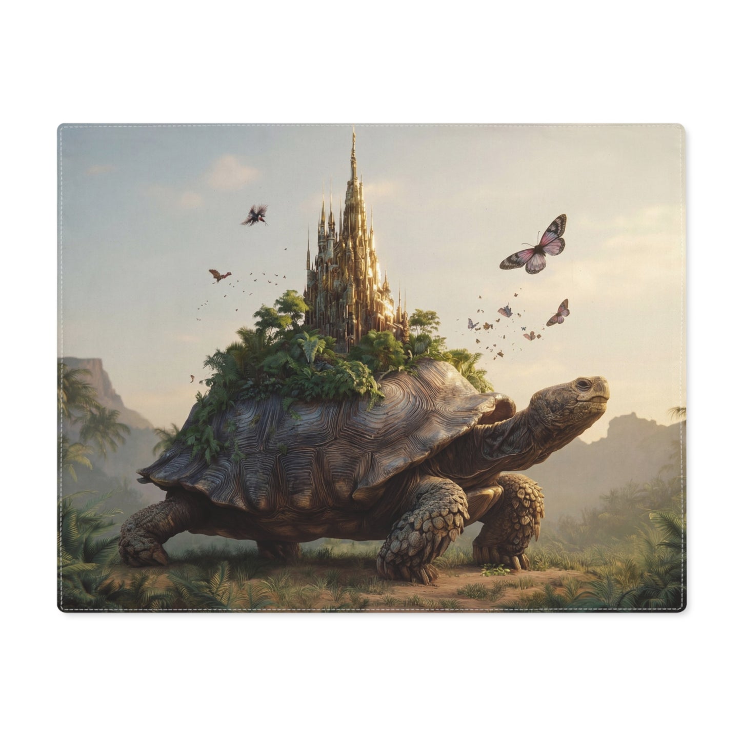 Castle on Turtle Back Placemat – Golden Spire Sanctuary Amidst Jungle Wings