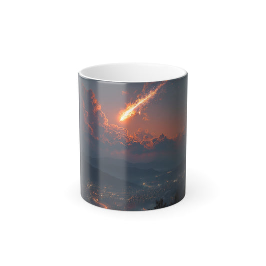Burning Meteor Over Mountain Cityscape – Color Morphing Mug, 11oz – Dawn’s Firefall