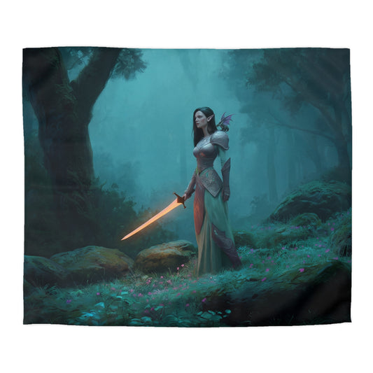 Elven Sentinel Forest Guardian Microfiber Duvet Cover – Glowing Blade and Mossy Grove