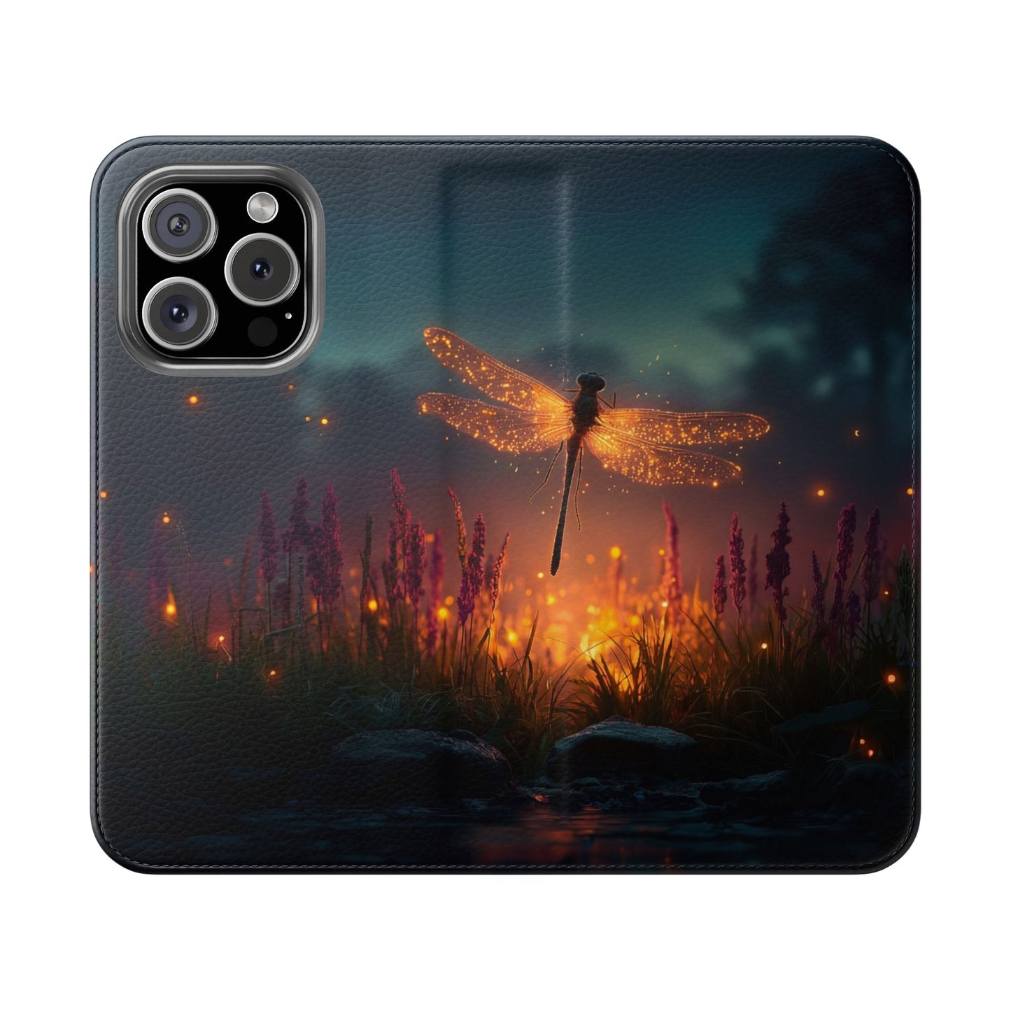 Bioluminescent Dragonfly Flip Cases – Glowing Amber Wings Over Twilight Marsh