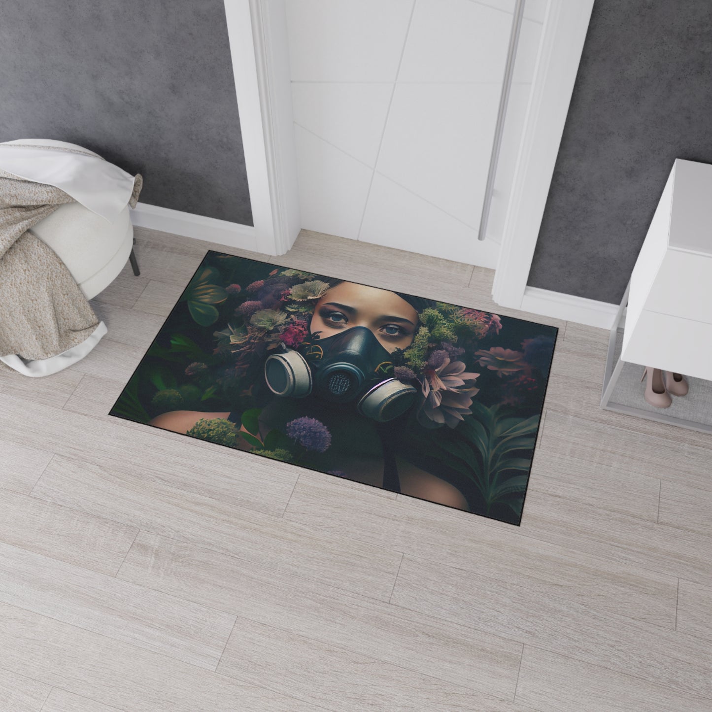 a beautiful woman wearing a gas mask filled with plants and flowers and moss - Heavy Duty Floor Mat