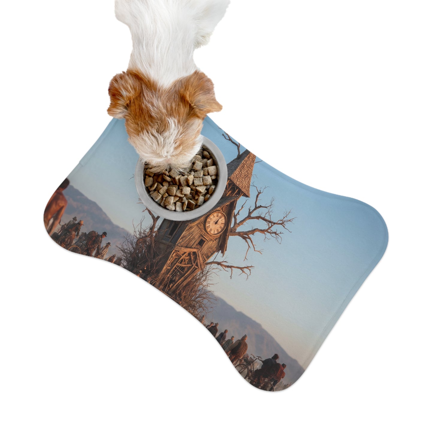 Driftwood Clock Tower Pet Feeding Mats – Post-Apocalyptic Travellers Scene