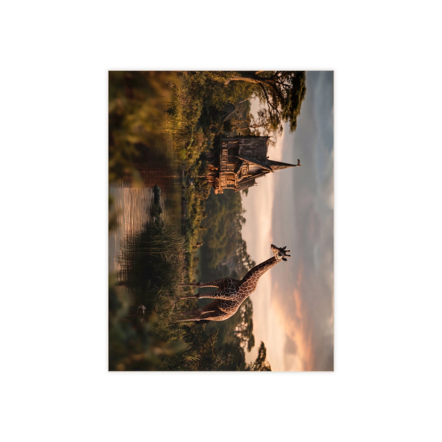 Giraffe by the Waterfall House Ceramic Photo Tile – Sunset Serenity in the Savannah