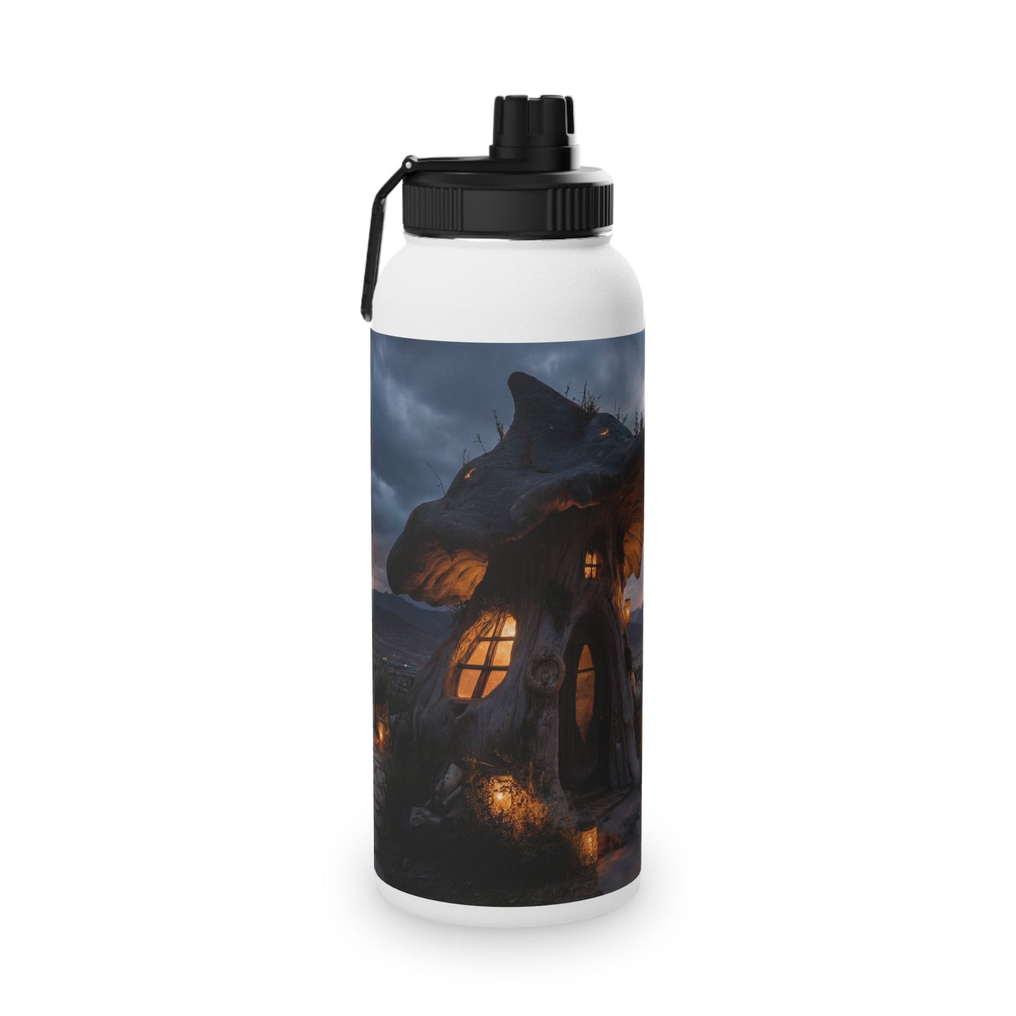 Mushroom Grove Retreat Stainless Steel Water Bottle, Sports Lid – Twilight Fairy Home Dreamscape