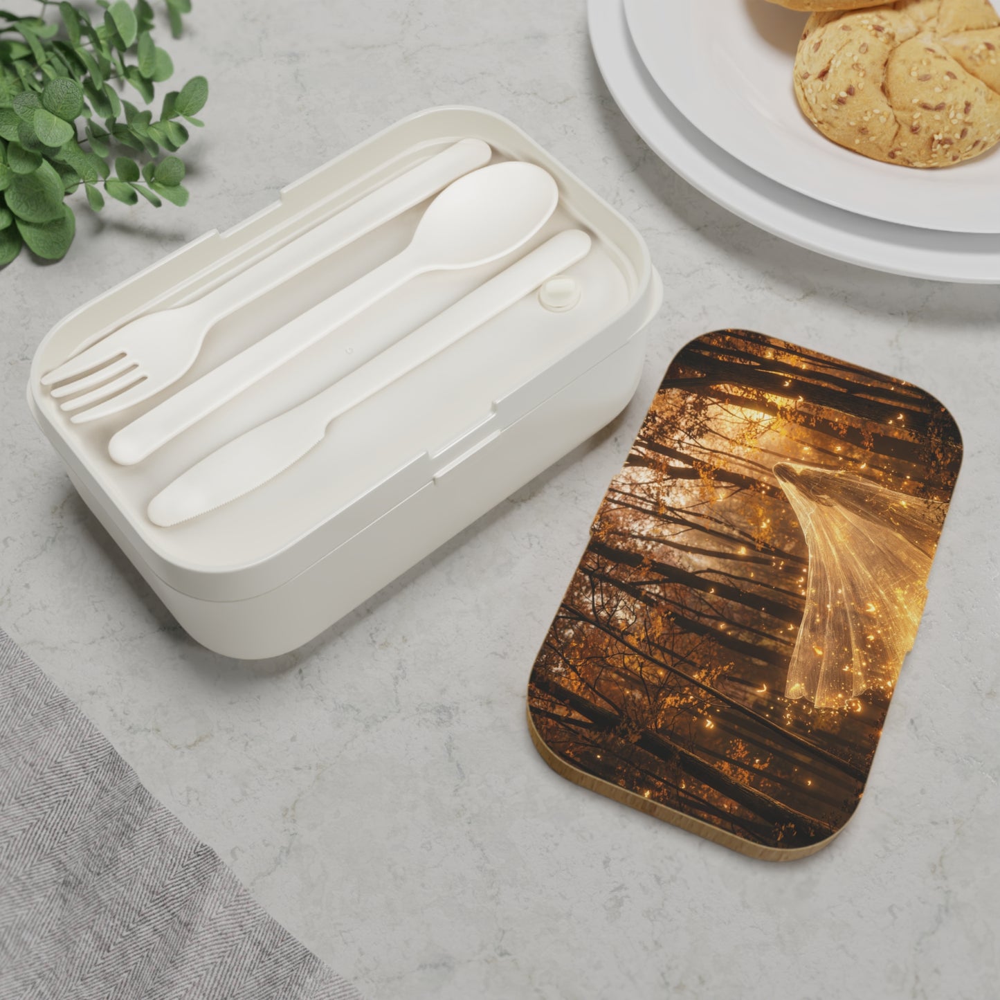 Golden Veil Witch in Autumn Woods Bento Lunch Box – Whispers of the Sunlit Grove