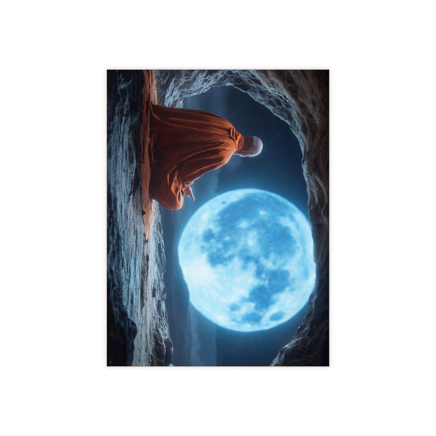Monk Under Blue Moon Ceramic Photo Tile – Solitude in Stone