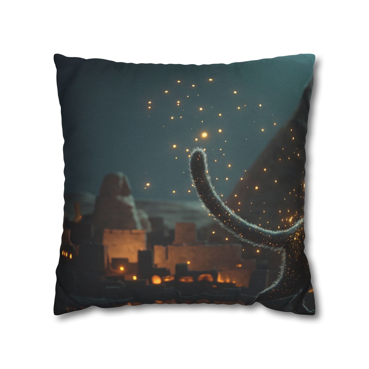Starlit Cat by Pyramids Spun Polyester Square Pillowcase – Ancient Nightwalk Dreamscape