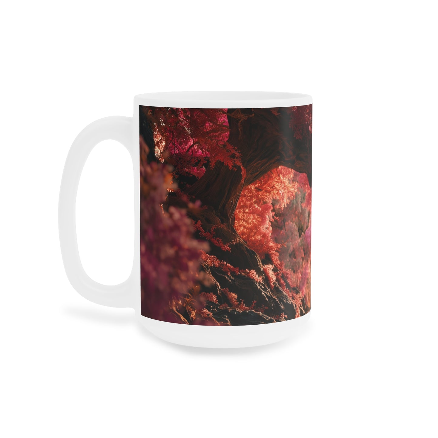 Crimson Canopy Ceramic Mugs (11oz\15oz\20oz) – Whispering Love in a Heartwood Grove