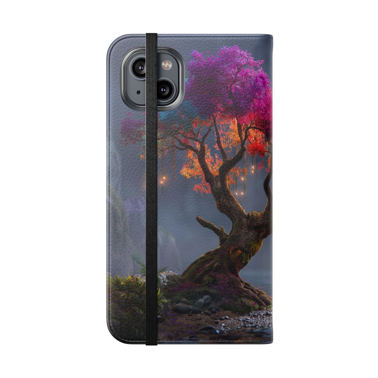 Chromatic Canopy Flip Cases – Rainbow Tree Moonlit Waterfall Scene