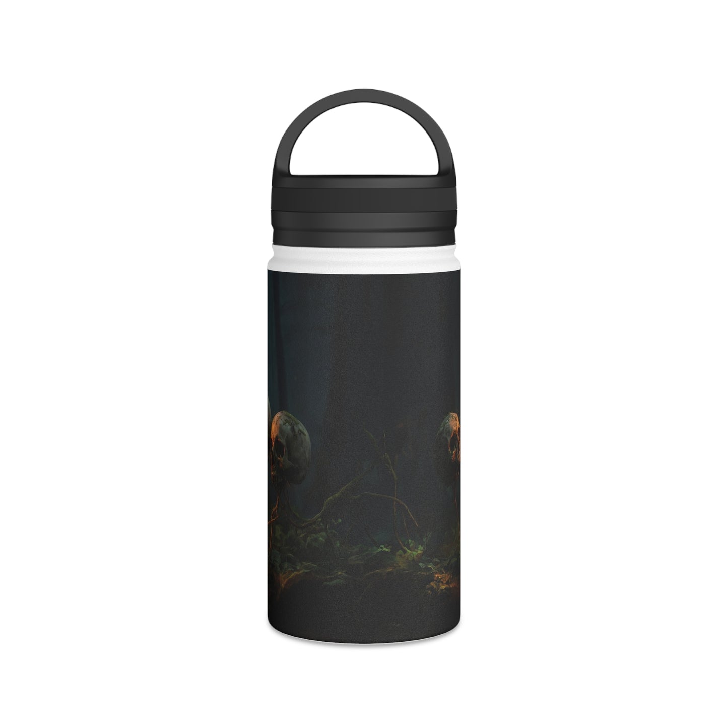 Glowing Lightbulb in Haunted Forest Stainless Steel Water Bottle, Handle Lid – Illuminated Wisdom Amidst the Roots