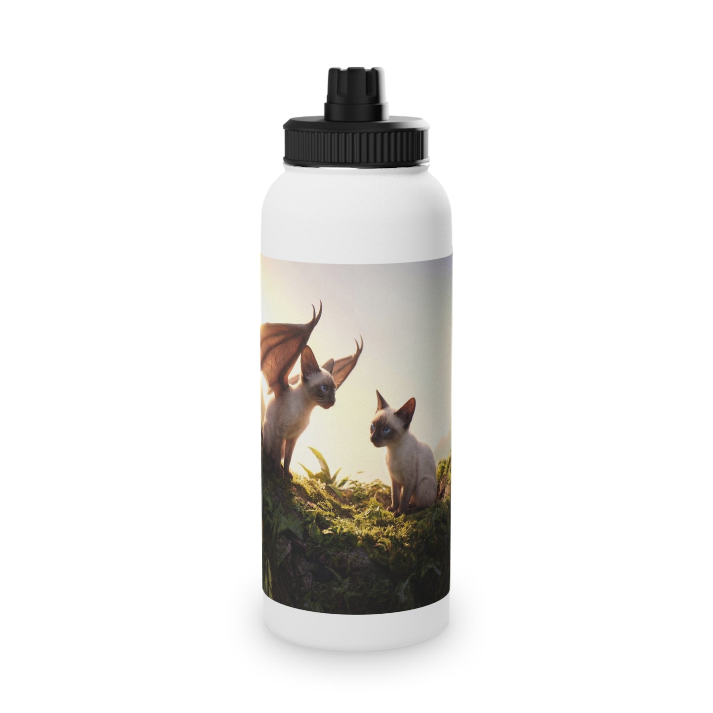 Winged Siamese Kittens Stainless Steel Water Bottle, Sports Lid – Sunlit Grove Whispers