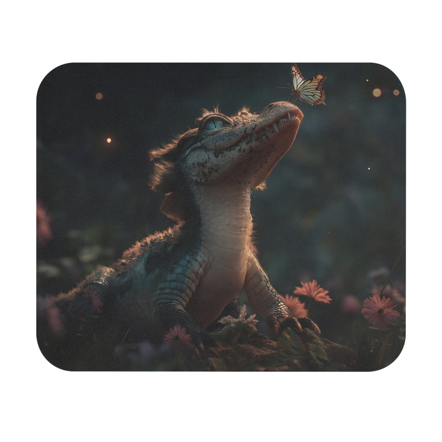 Gentle Crocodile with Butterfly Mouse Pad – Twilight Garden Whimsy (Rectangle)