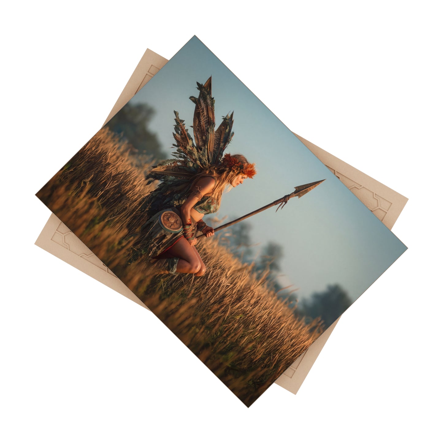 Warrior Fairy in Golden Field Ceramic Photo Tile – Sunset Sentinel of the Harvest