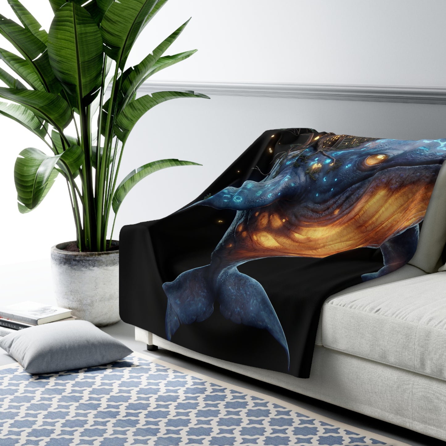 Whale Island Dreamer Sherpa Fleece Blanket – Bioluminescent Ocean Sanctuary