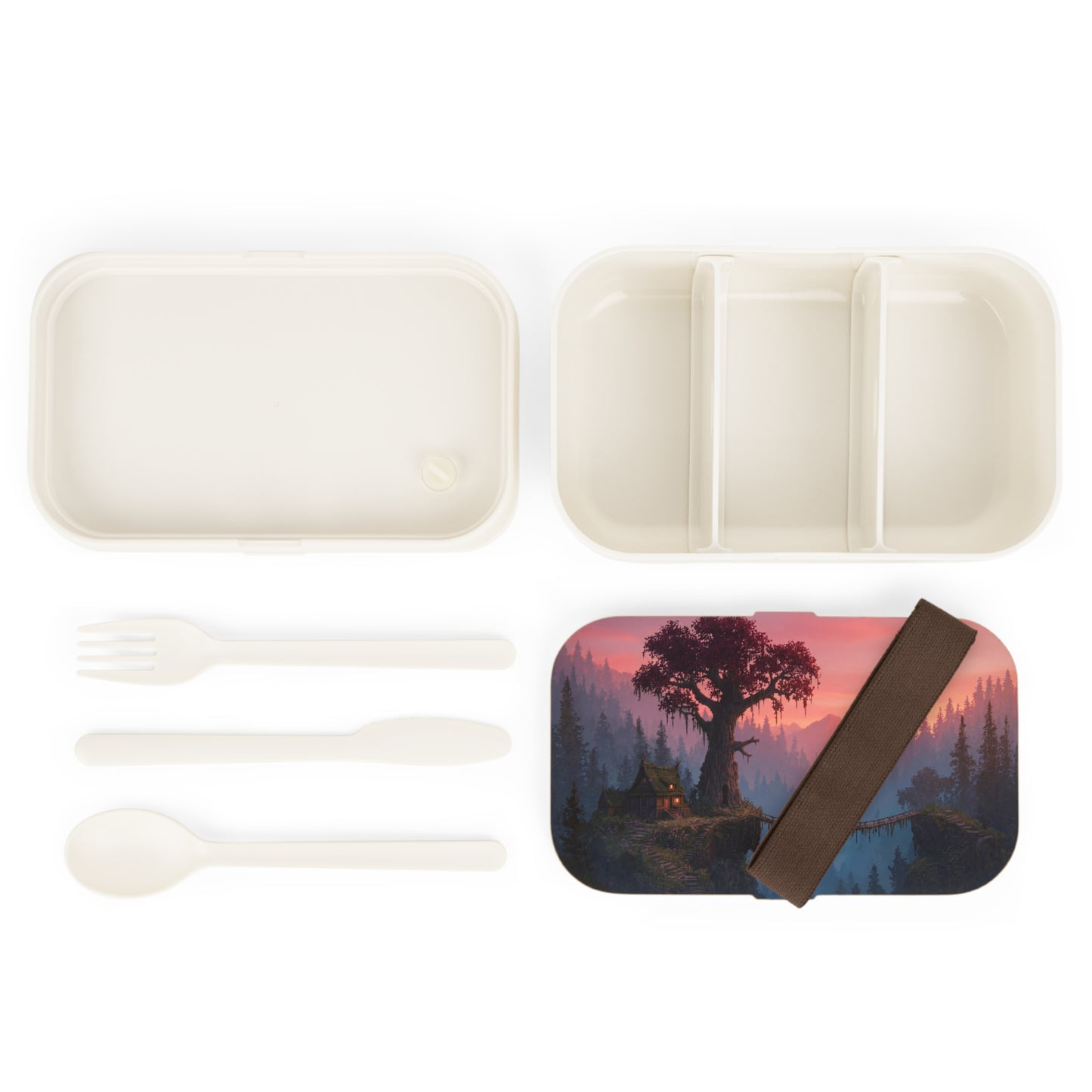 Crimson Sentinel Bento Lunch Box – Sunset Sanctuary Over the Misty Chasm