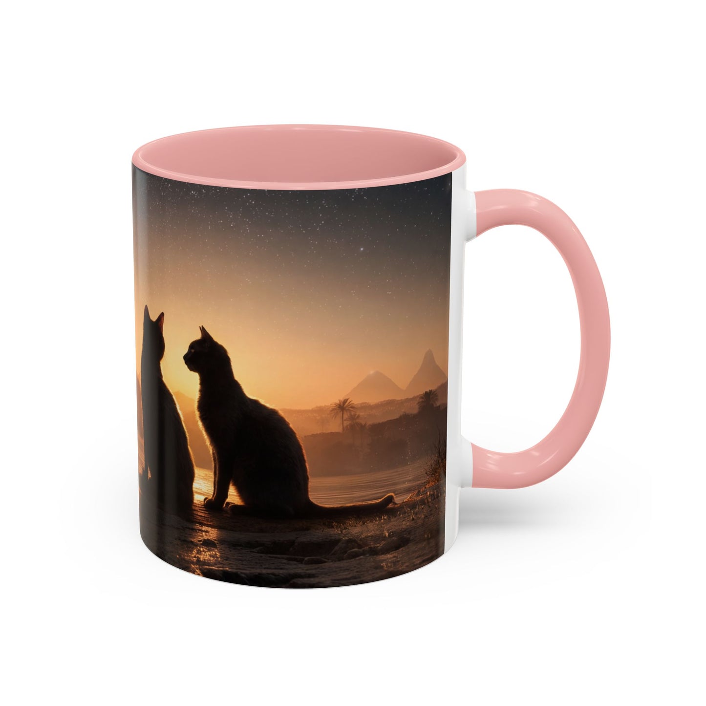 Starry Nile Guardian Cats Accent Coffee Mug (11, 15oz) – Ancient Pyramids Milky Way