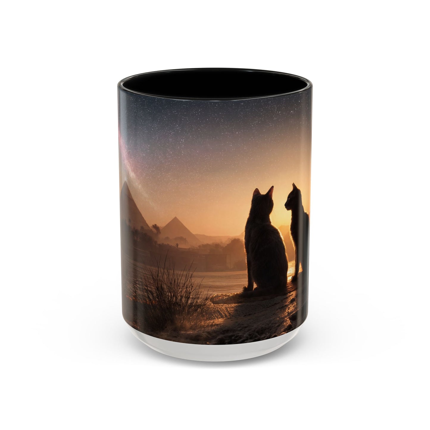Starry Nile Guardian Cats Accent Coffee Mug (11, 15oz) – Ancient Pyramids Milky Way
