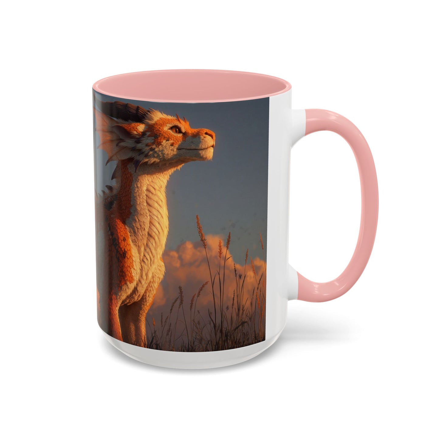 Sunset Dragon Accent Coffee Mug (11, 15oz) – Warm Ember Guardian in Golden Grasses