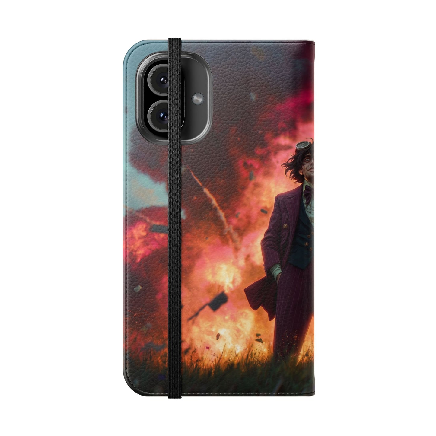 Goggles & Chaos Flip Cases – Purple Suit Amidst Fiery Explosion