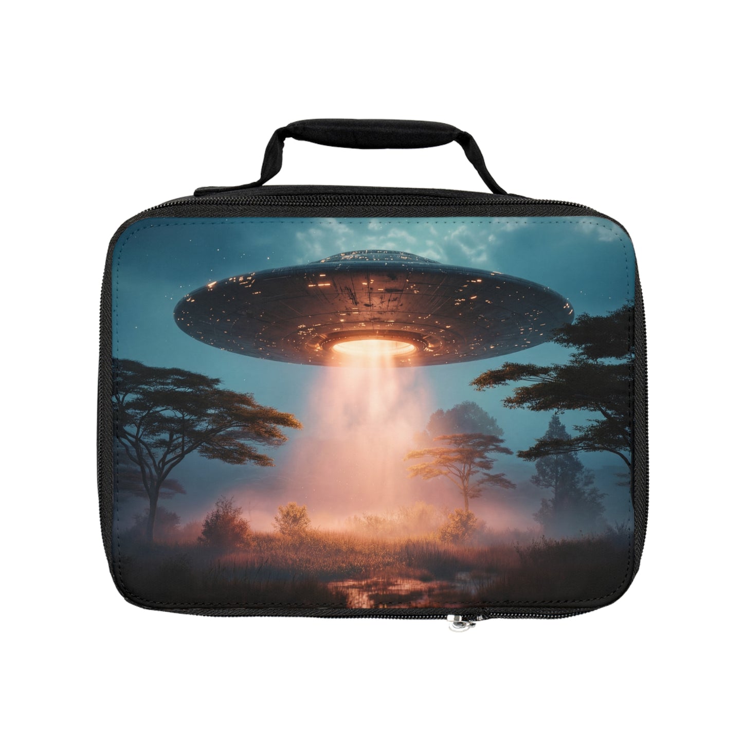 UFO Over Savannah Lunch Bag – Celestial Beam Through Misty Canopy