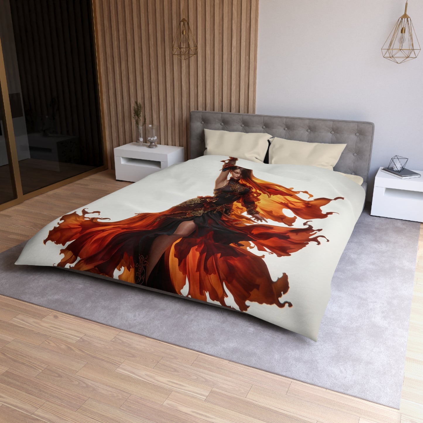 Crimson Phoenix Dancer Microfiber Duvet Cover – Flame-Woven Grace