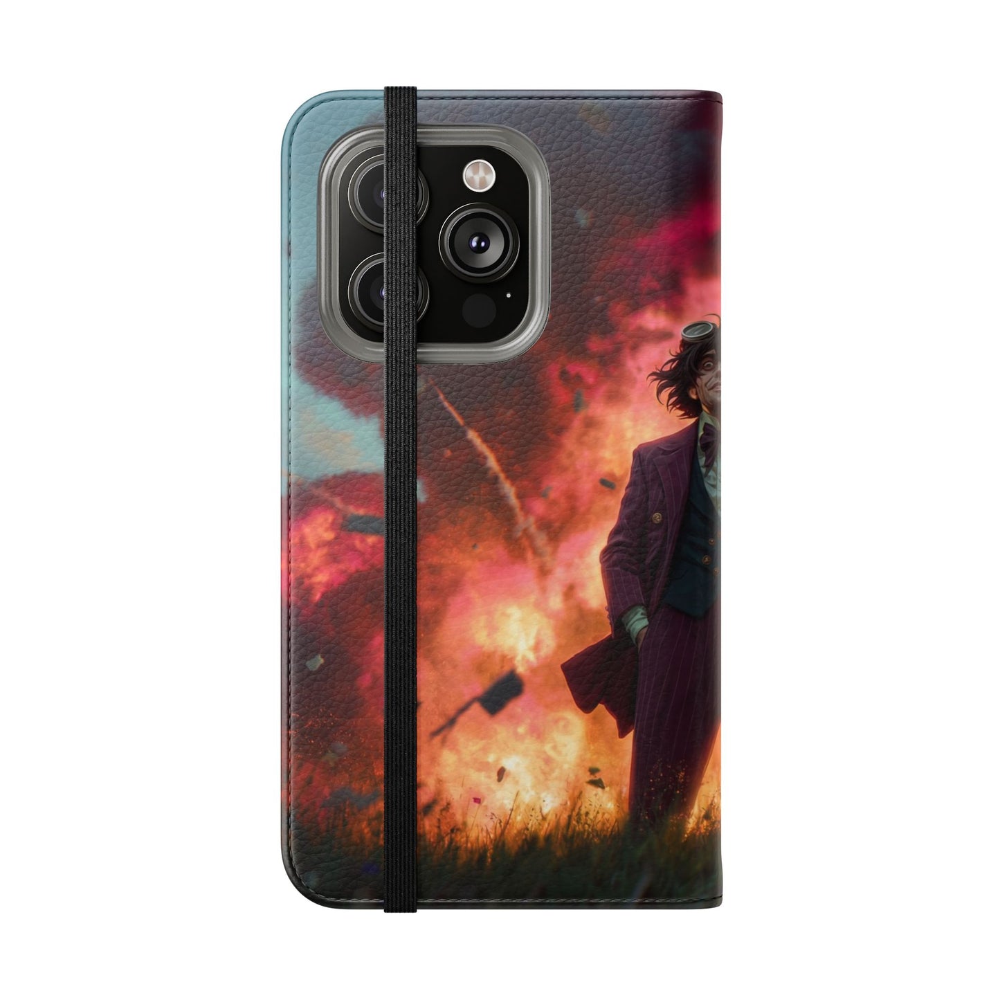 Goggles & Chaos Flip Cases – Purple Suit Amidst Fiery Explosion