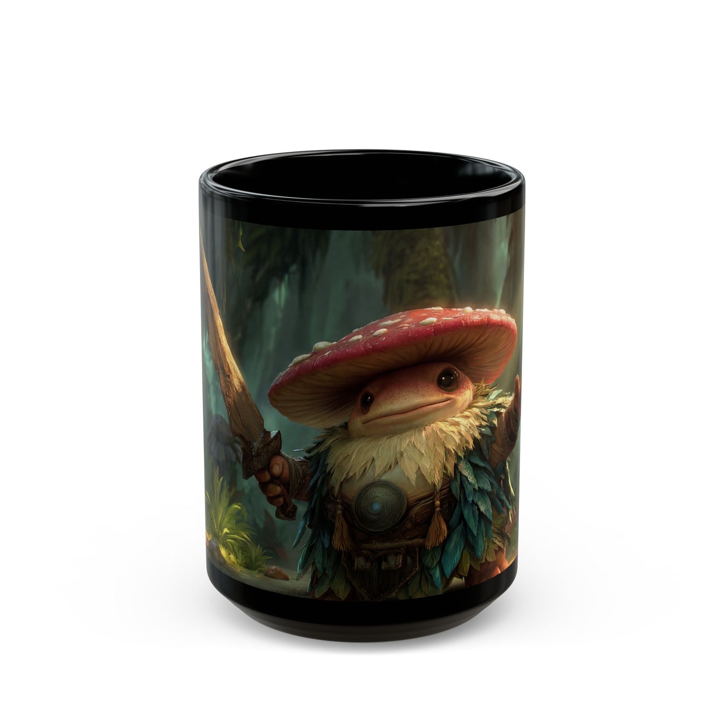 Mushroom Guardian Black Mug – Sunlit Jungle Sentinel