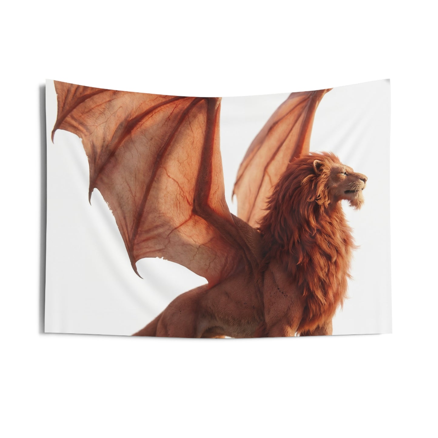 Winged Lion Sentinel Indoor Wall Tapestries – Sunset Guardian on Sunlit Peak