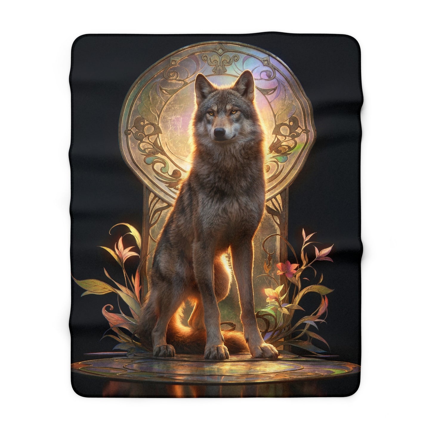 Regal Wolf Throne Sherpa Fleece Blanket – Golden Light and Art Nouveau Grace
