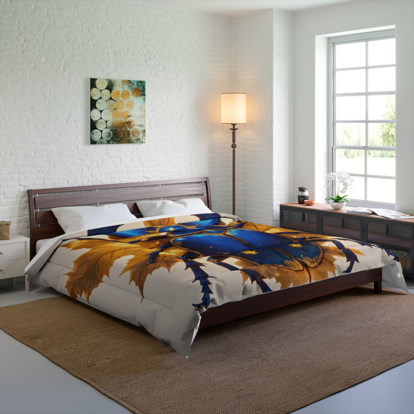 Celestial Beetle Comforter – Starry Blue Guardian Among Autumn Leaves