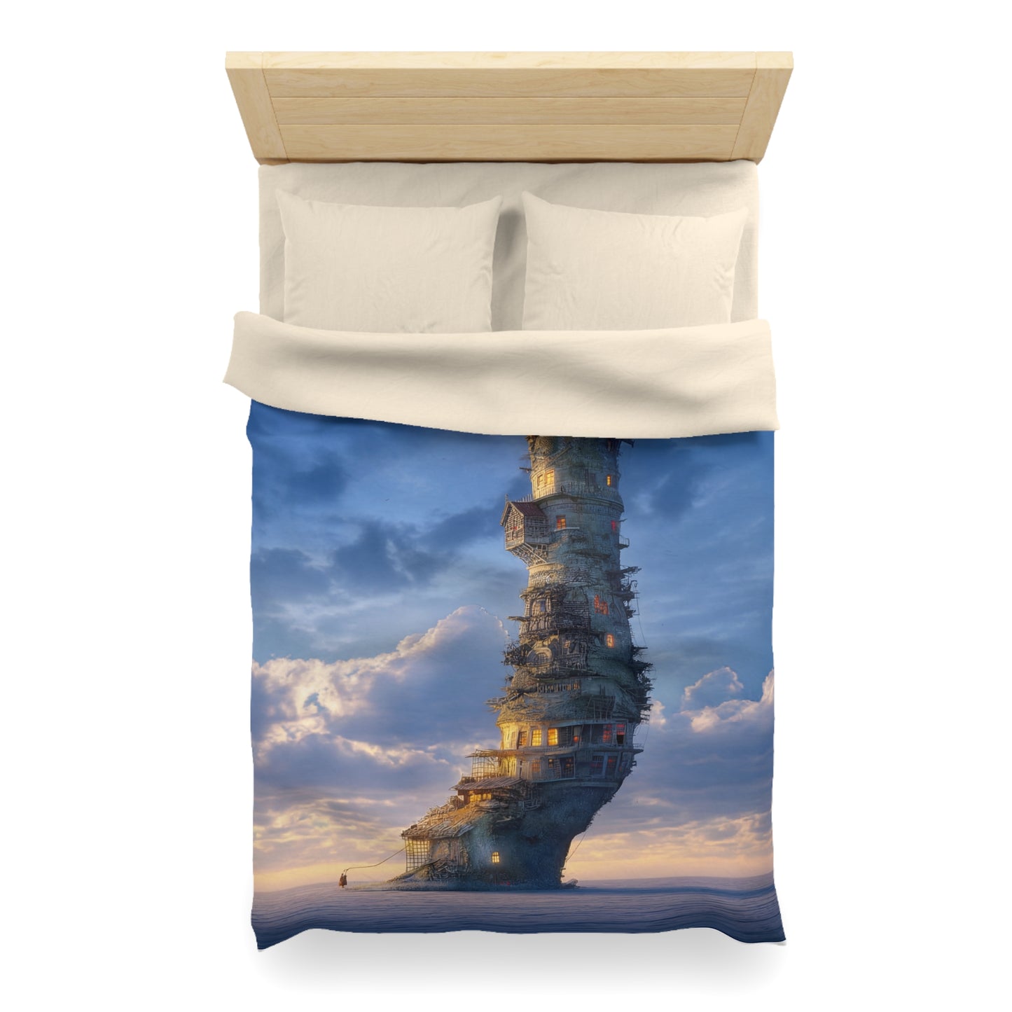Skyward Lighthouse Microfiber Duvet Cover – A Beacon Through Twilight Clouds